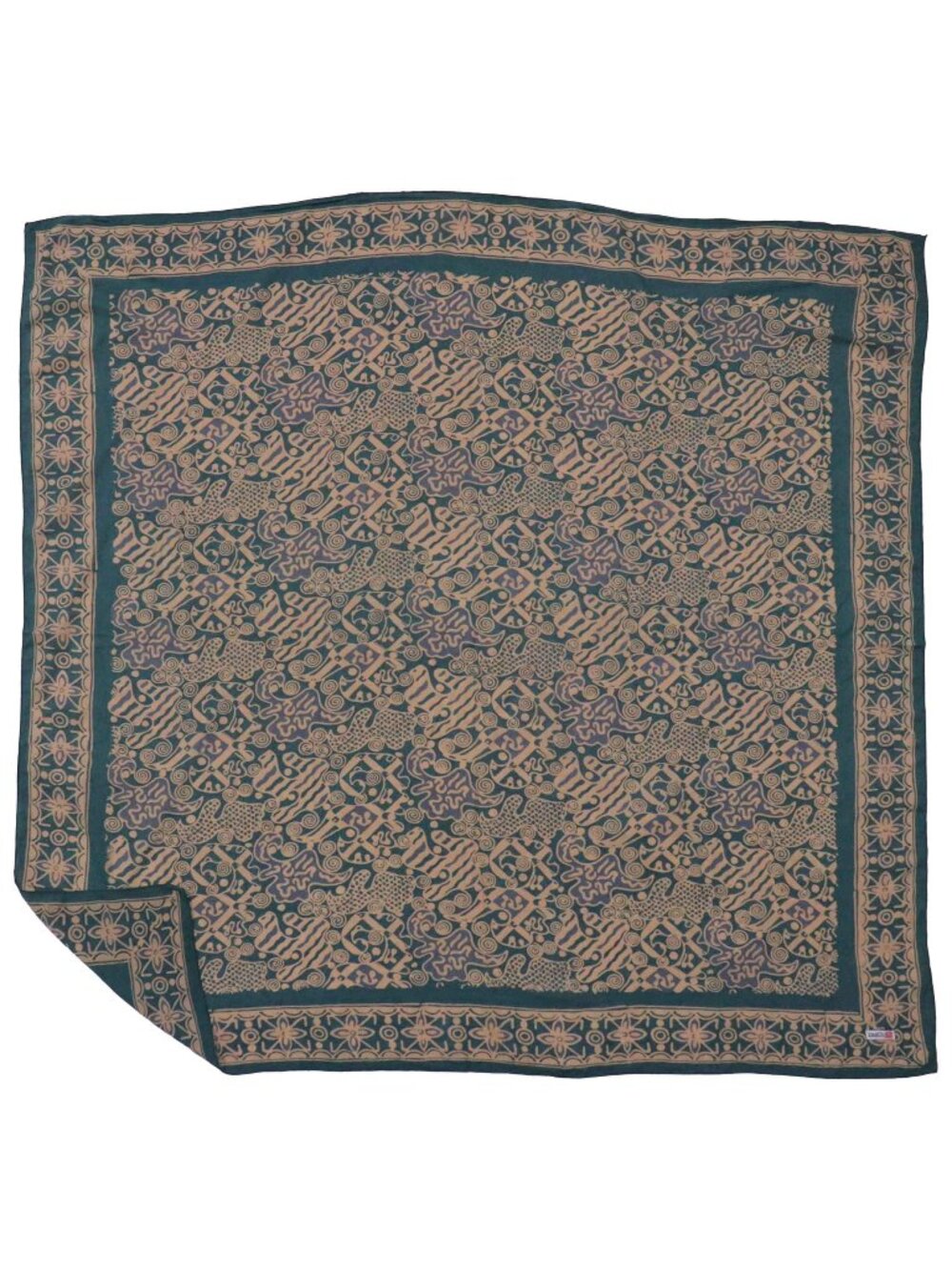 Large 39" Batik Bandana, Abstract Flowers, Teal Blue